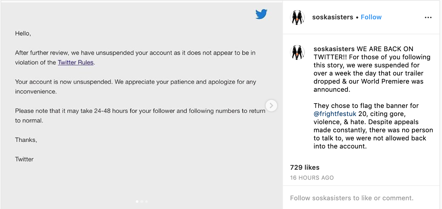 A screenshot of the message that The Soska Sisters received from Twitter upon the reinstatement of their account