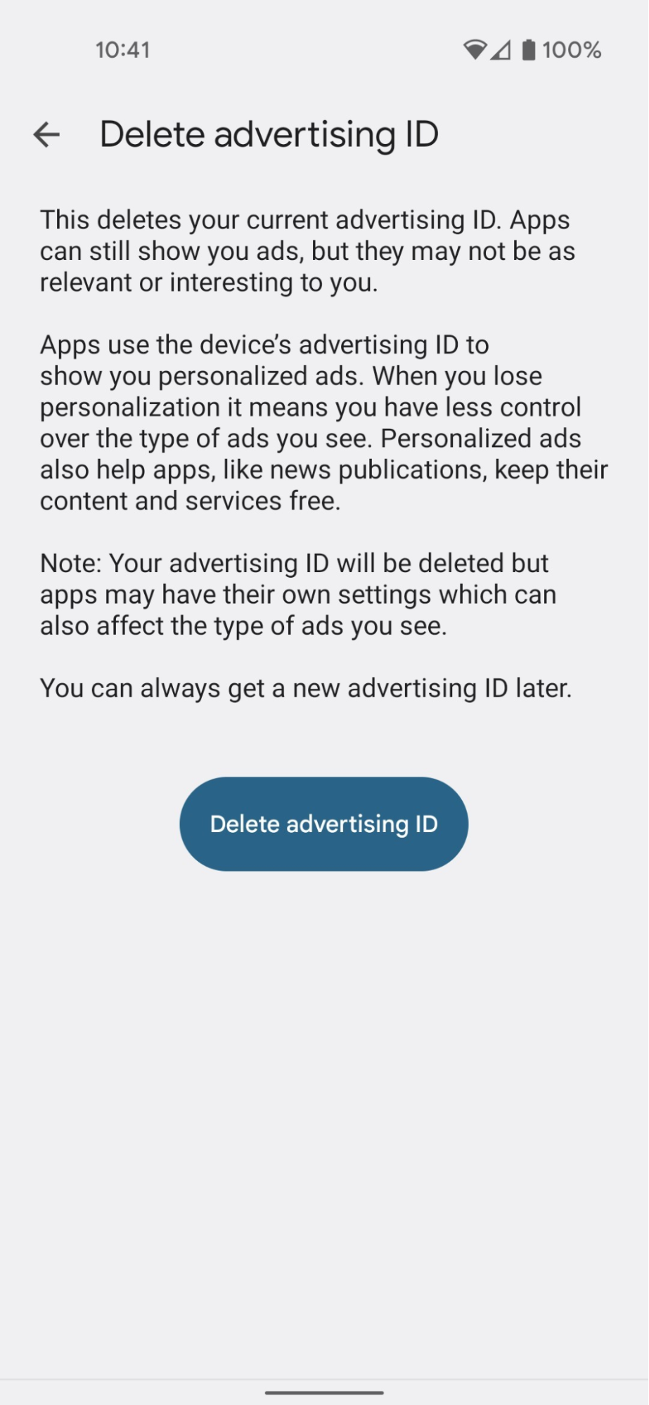 The Android "Delete Advertising ID" option A screenshot of the Android Delete Advertising ID page. This page allows you to choose to delete the advertising ID.