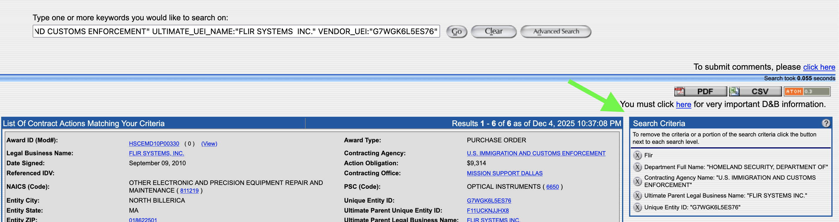 FPDS.gov results with the sidebar for deselecting terms highlighted with an arrow.