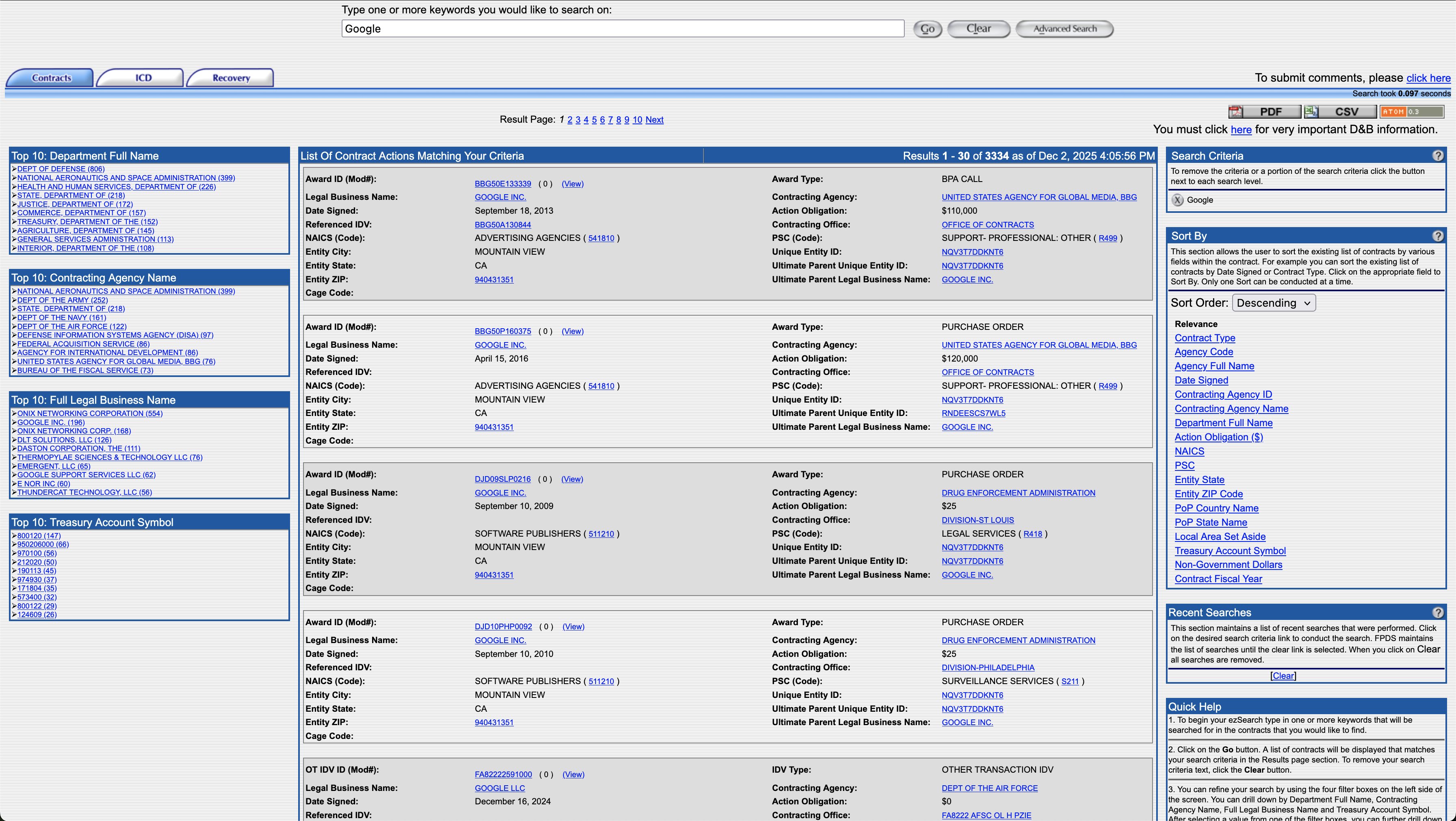 A page of results for Google's contracts with the federal government.