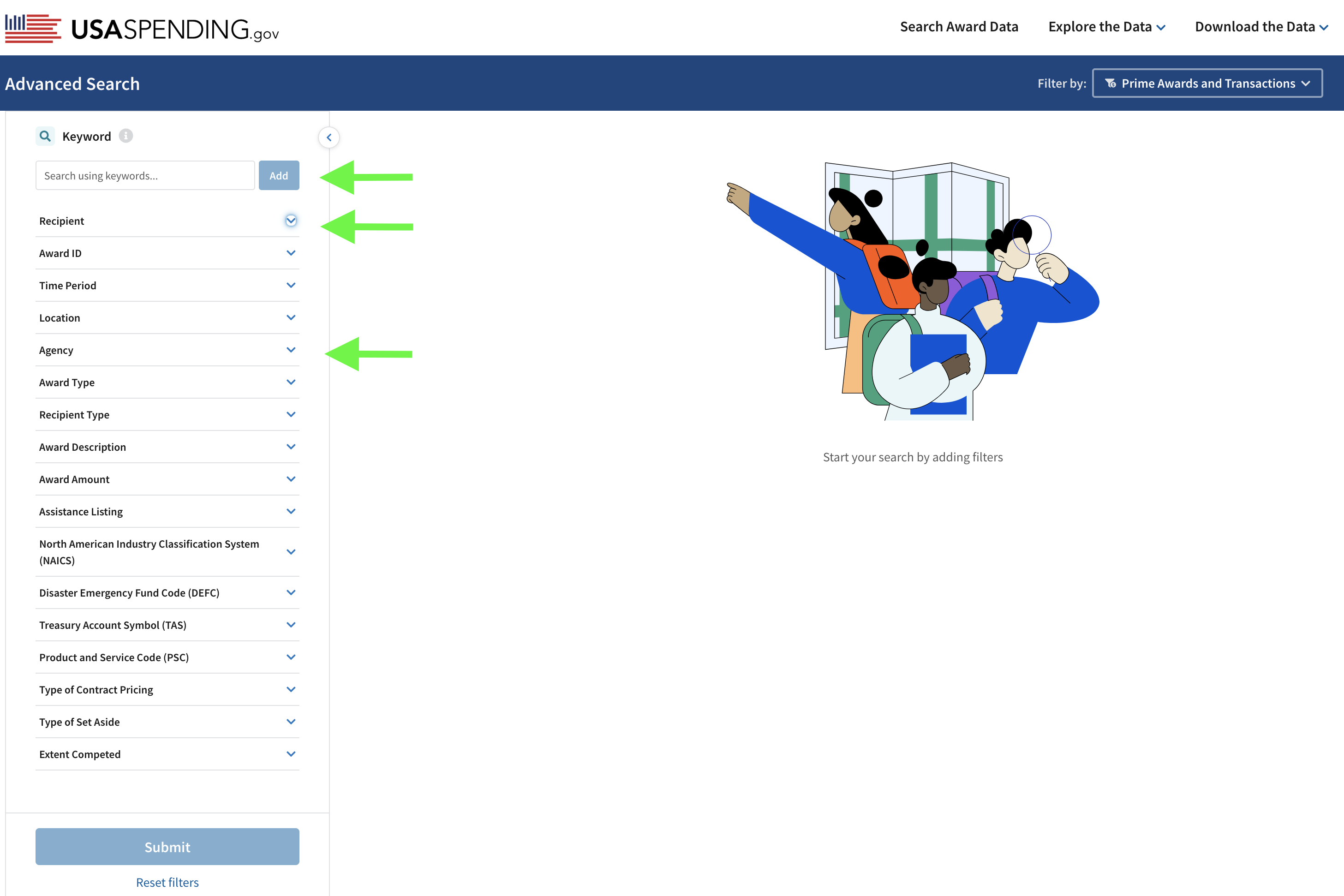 USA Spending page with arrows pointing to the key search filters.