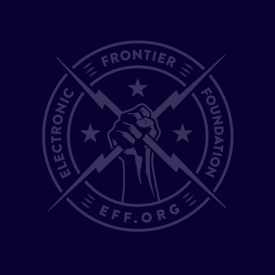 Powerful fist holding lightning bolts with the words Electronic Frontier Foundation