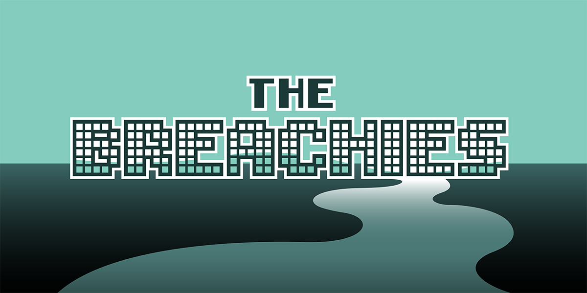Pixel text "The Breachies" on a teal background, with a pool of light color leaking from the letters