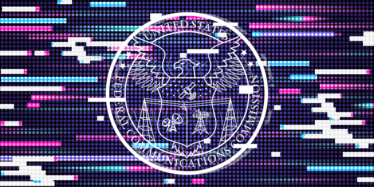 FCC logo on a glitch background