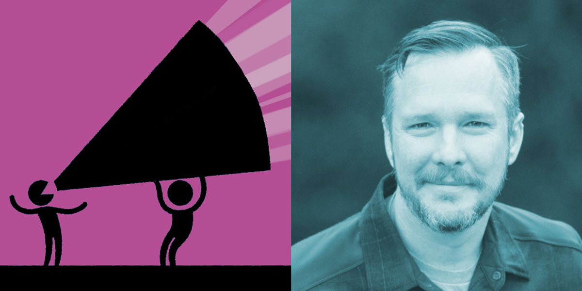 A picture of SmugMug president Ben MacAskill next to a banner of a person using a megaphone