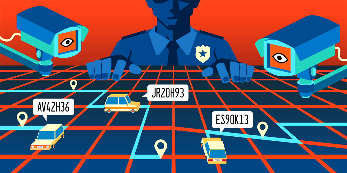 sinister cop and cameras loom over street grid with cars identified by license plates