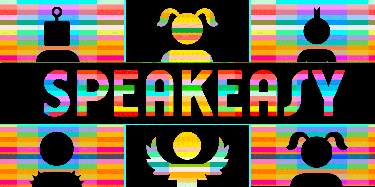 Colorful Speakeasy Banner with humans and robots.