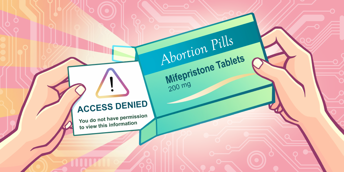 two hands holding a box of mifepristone tablets, with a sheet reading "access denied" pulled out