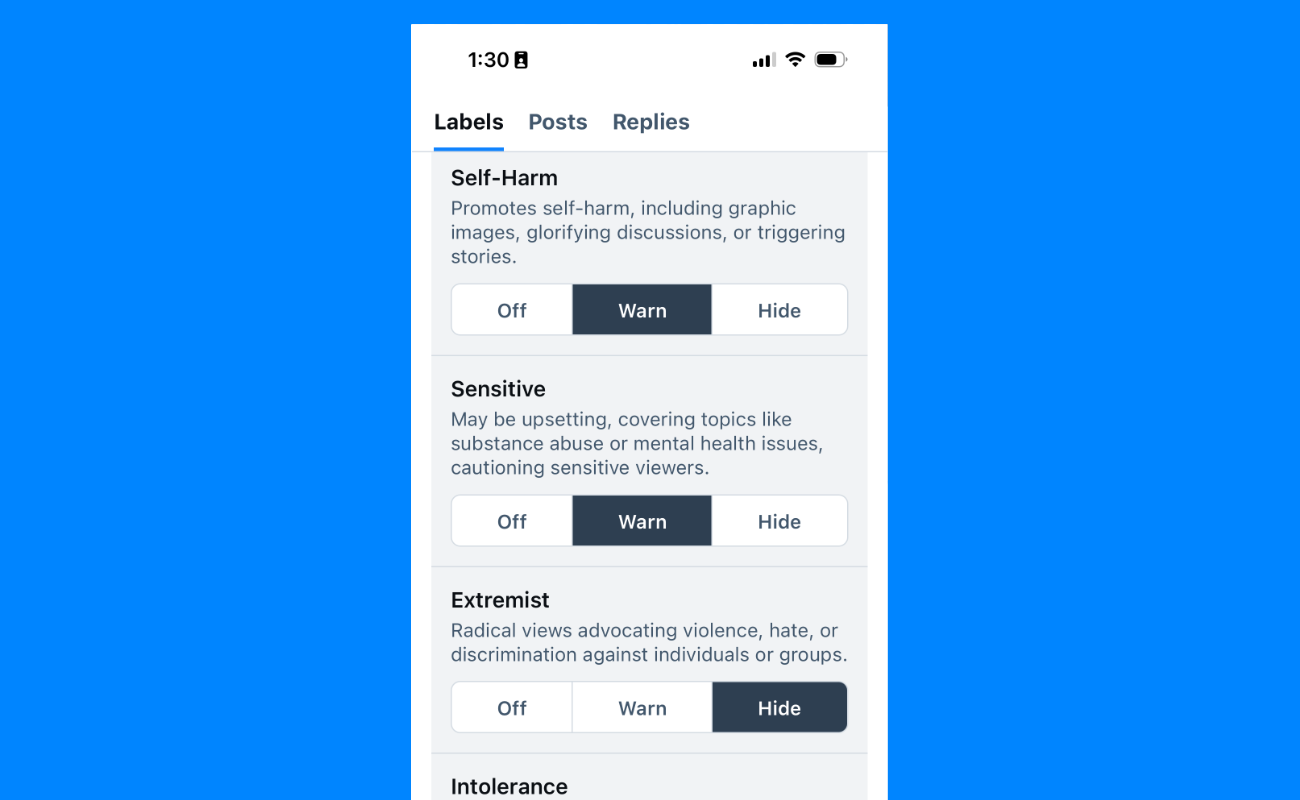 screenshot of bluesky labels page, listing "self harm, sensitive, and extremist" with the options to "off, warn, or hide"