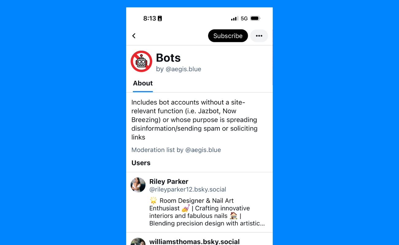 screenshot of blueskey app with the "bots" page loaded