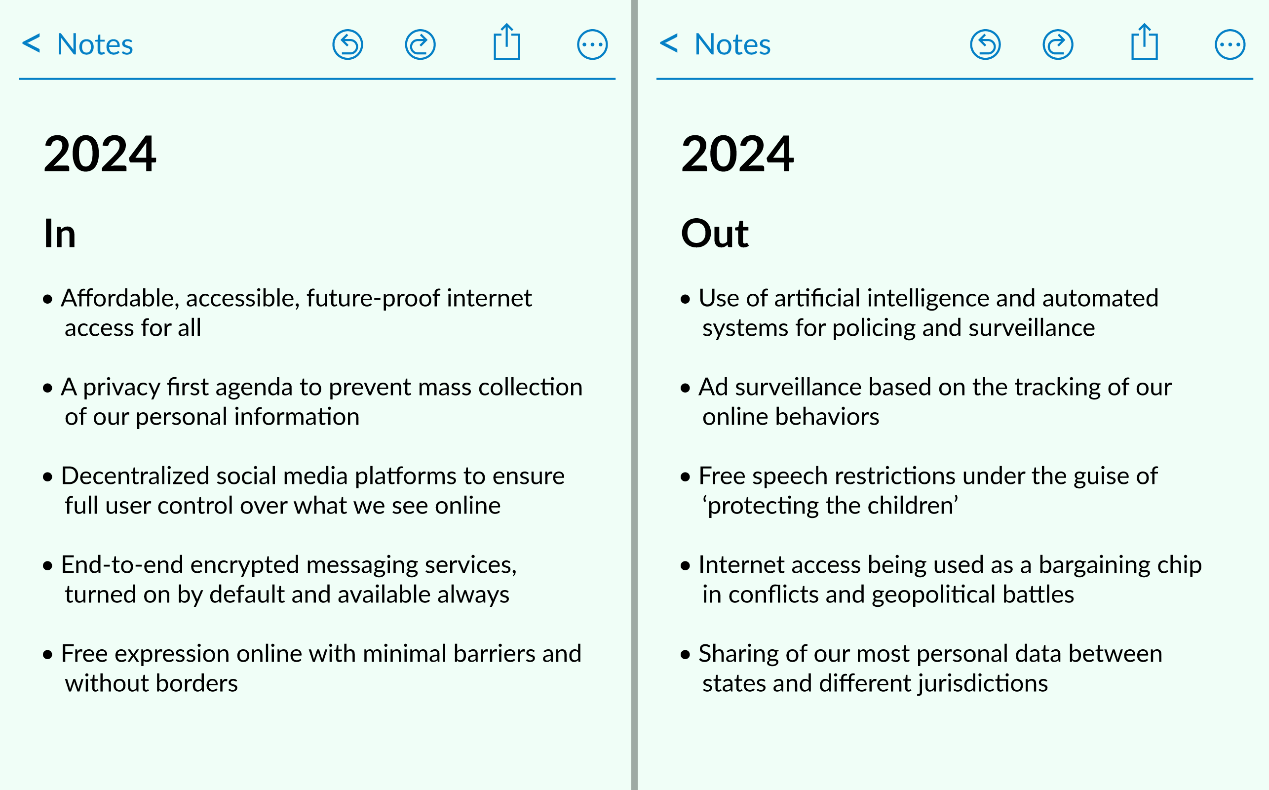 EFF's 2024 In and Out Lists, each with five bullet points that are expanded upon in the article