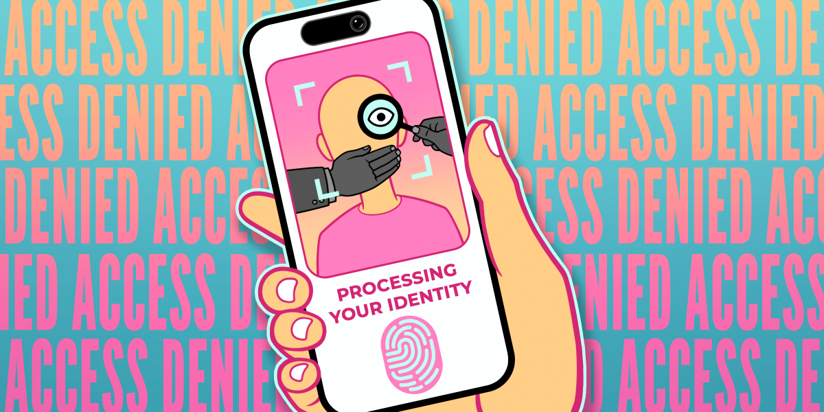 Alt text: A hand holding a cellphone showing a verification screen and ACCESS DENIED in the background.