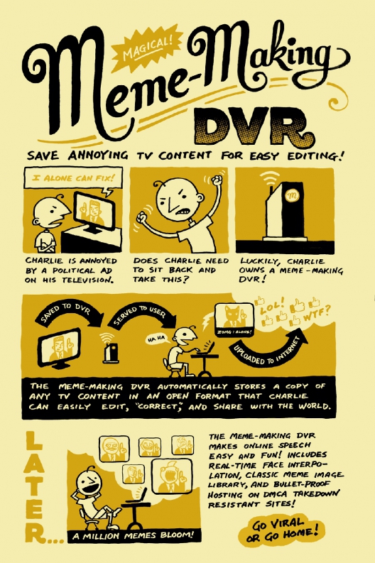 <h2>Meme-Making DVR</h2><div class="author">Hugh D'Andrade</div><p>The Supreme Court says that copyright requires "escape valves" like fair use to comply with the First Amendment, which guarantees freedom of expression. Fair use -- and its non-US cousin, Fair Dealing -- allows people to make new works from copyrighted materials without permission, especially when it comes to political speech that transforms a political message in order to criticize it. But once DRM is in the picture, your ability to exercise this key right -- without which copyright itself is at odds with the Constitution -- depends on permission from the people you want to criticize. The ability to bypass DRM is critical to squaring copyright with free expression.</p> <a href="https://claw.xcuda.de/files/missing-devices/2-meme.pdf" class="download">Download .pdf</a>
