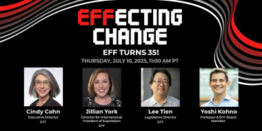 Words "EFFecting Change" on a black with red, white, and grey ribbons with photos of the panelists
