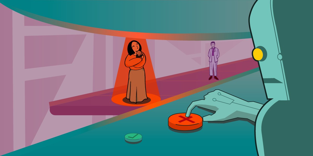A robot oversees a factory conveyor belt of people. Its finger hovers over the reject button.