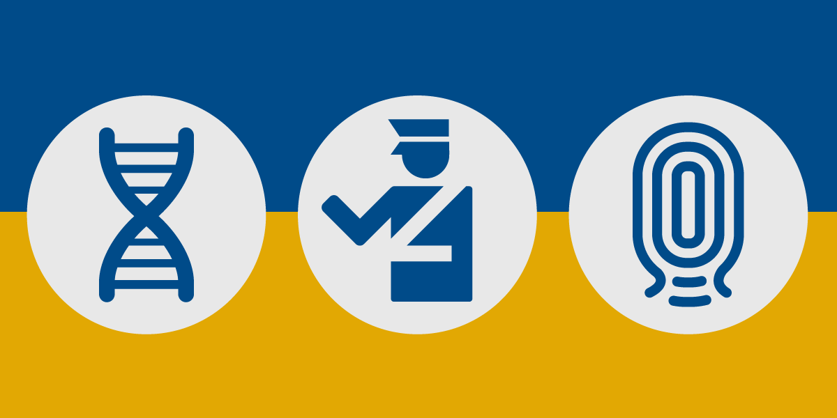 Border DNA 3 icons against a blue and gold background: DNA, Border agent, and thumbprint