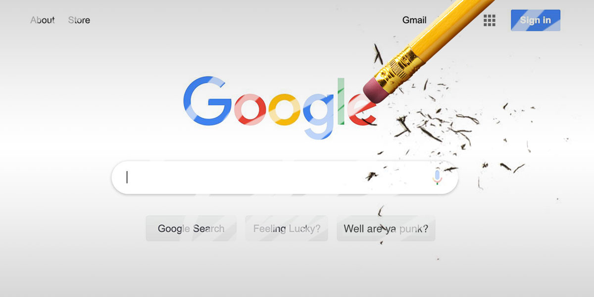 Google Right to Be Forgotten Google search window being erased by a pencil