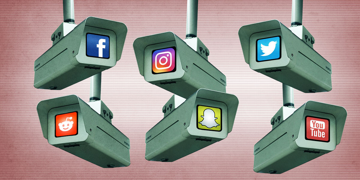 Social Media Surveillance Surveillance cameras peering around, each with a social media company icon.