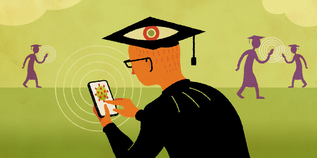Student Tracing App students in caps & gowns using phone tracking apps