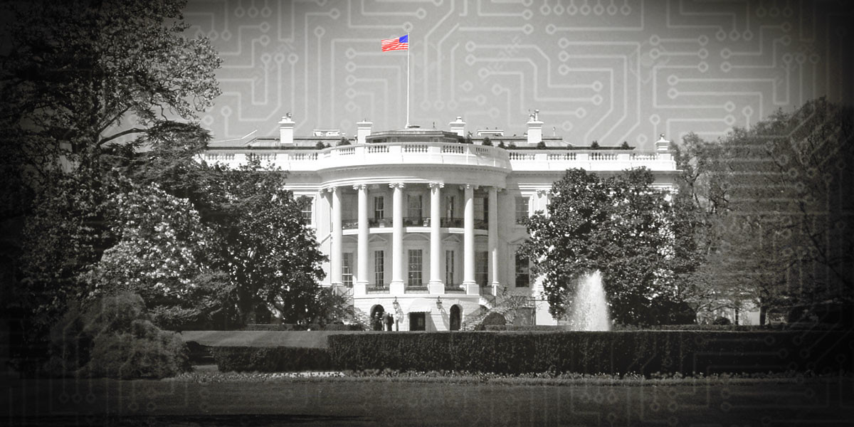 White House A black and white image of the White House.