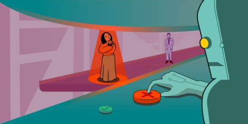 A robot oversees a factory conveyor belt of people. Its finger hovers over the reject button.
