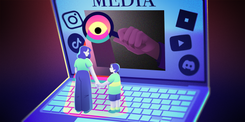 A parent and child stand on a large laptop keyboard, while a hand reaches out with magnifying glass 