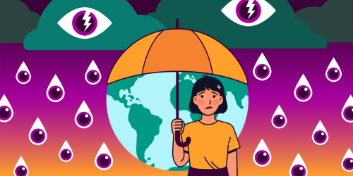 A person with a yellow umbrella stands beneath clouds with raining eyes. Behind them is a globe.