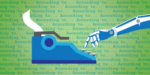 AI news slop Robot hand reaching toward a typewriter