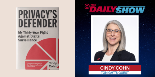 Book next to a tune in graphic with the daily show logo and photo of Cindy Cohn.