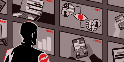 The back of an NSA agent watching several screens
