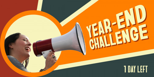 Person speaking into a megaphone in front of orange, green, and red color blocks.